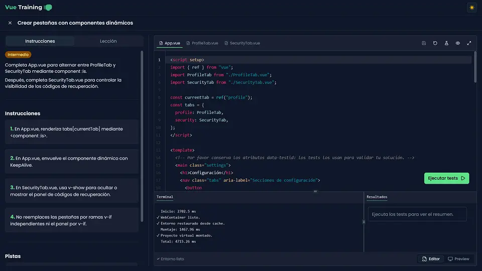 Vue Training challenge workspace with instructions, code files, editor, terminal, and tests