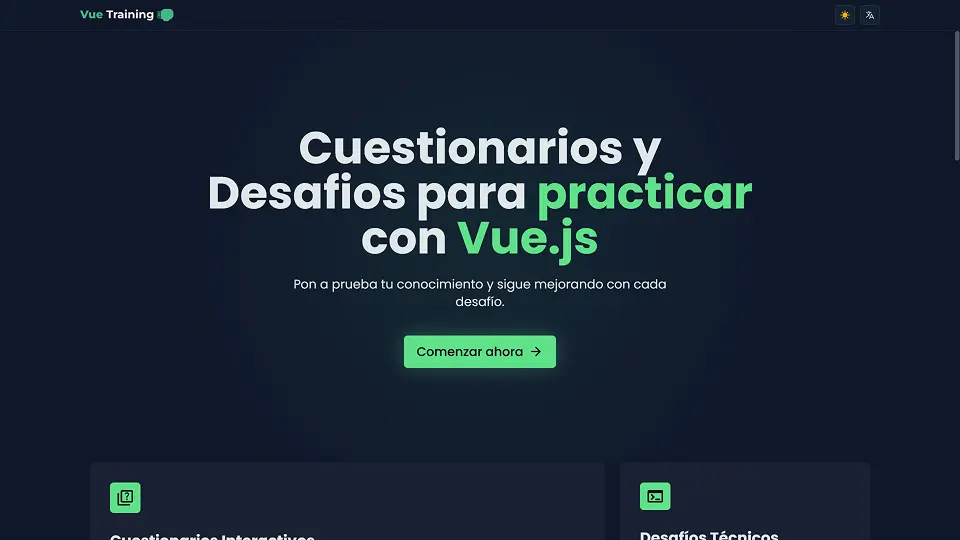 Vue Training public landing page introducing the project with a button to get started