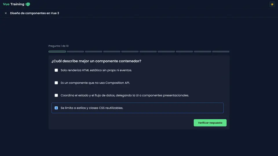 Vue Training quiz in progress screen
