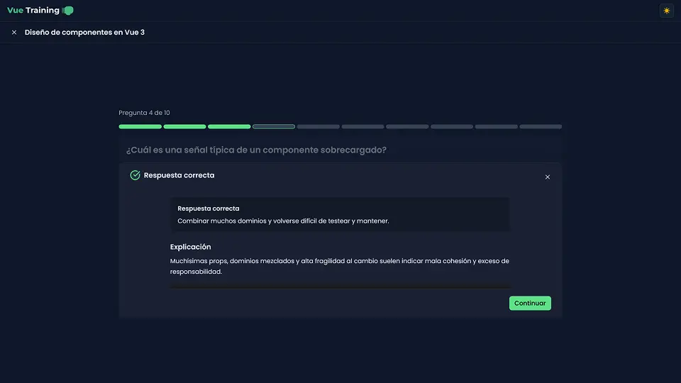 Vue Training correct answer explanation modal