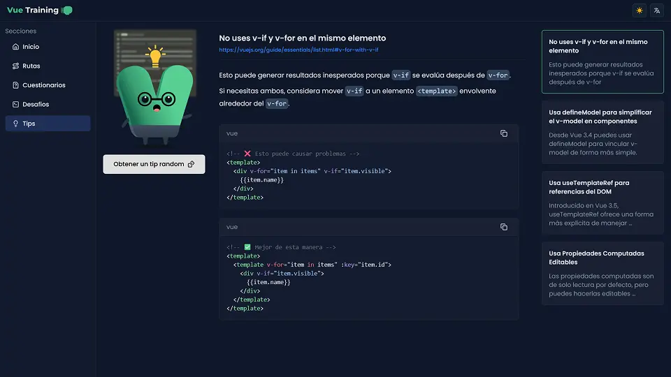 Vue Training tips section with a selected tip, code examples, and a list of other tips